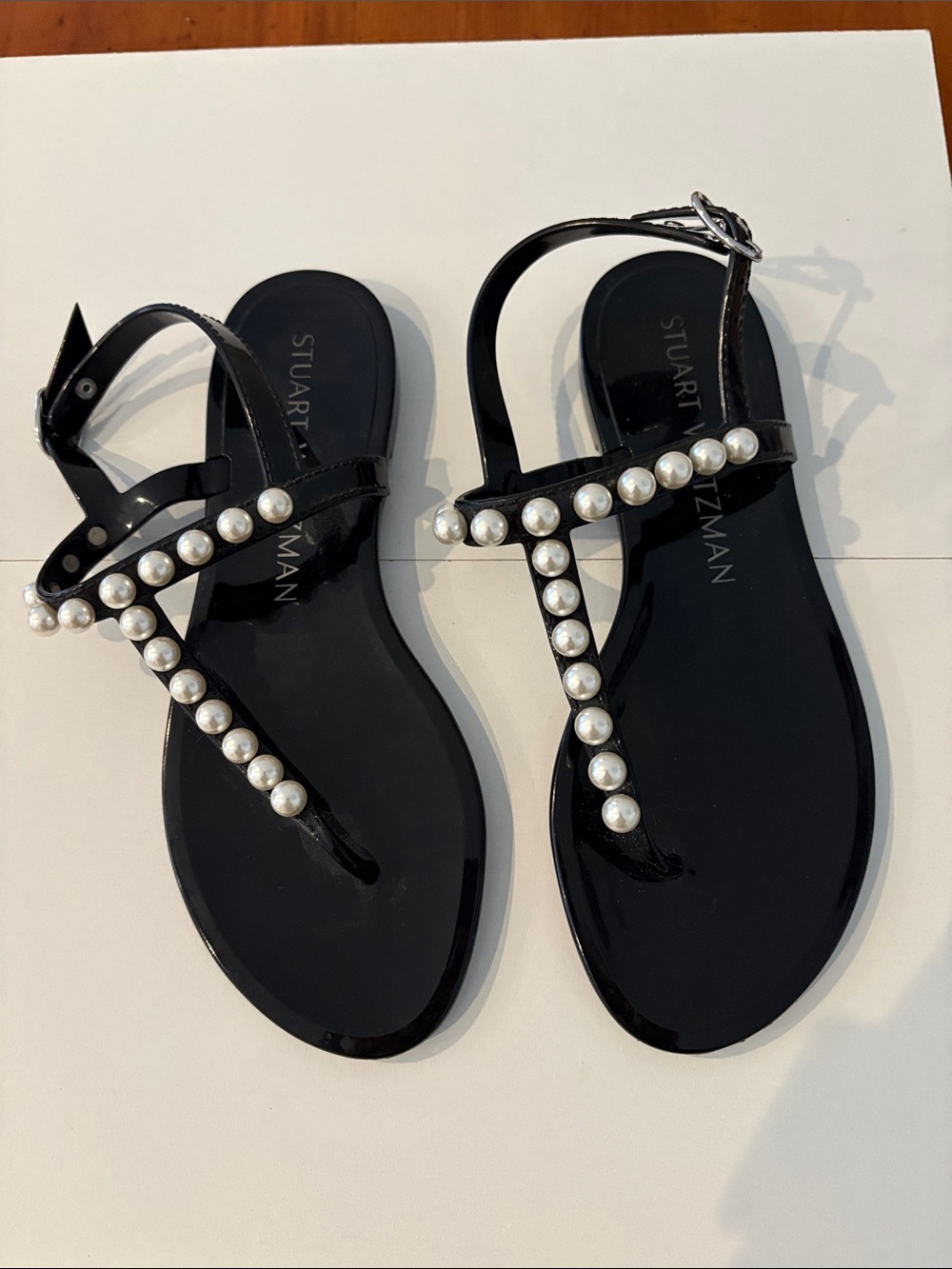 Stuart Weitzman Black Patent Pearl-Accent Thong Sandals